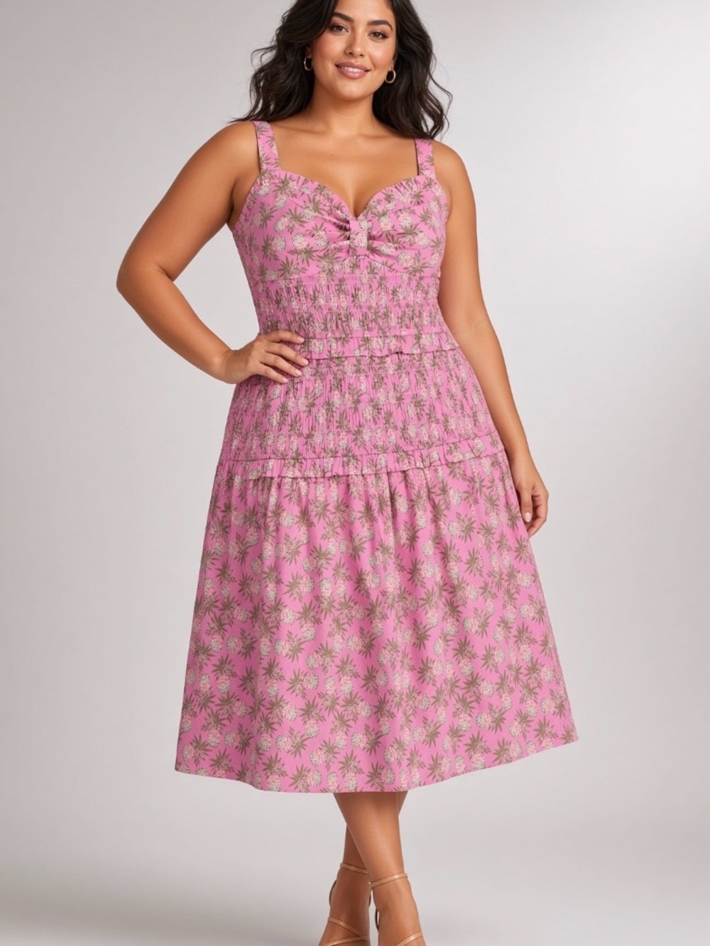 Pink Tropical Print Smocked Midi Dress - Women sz L 12/14